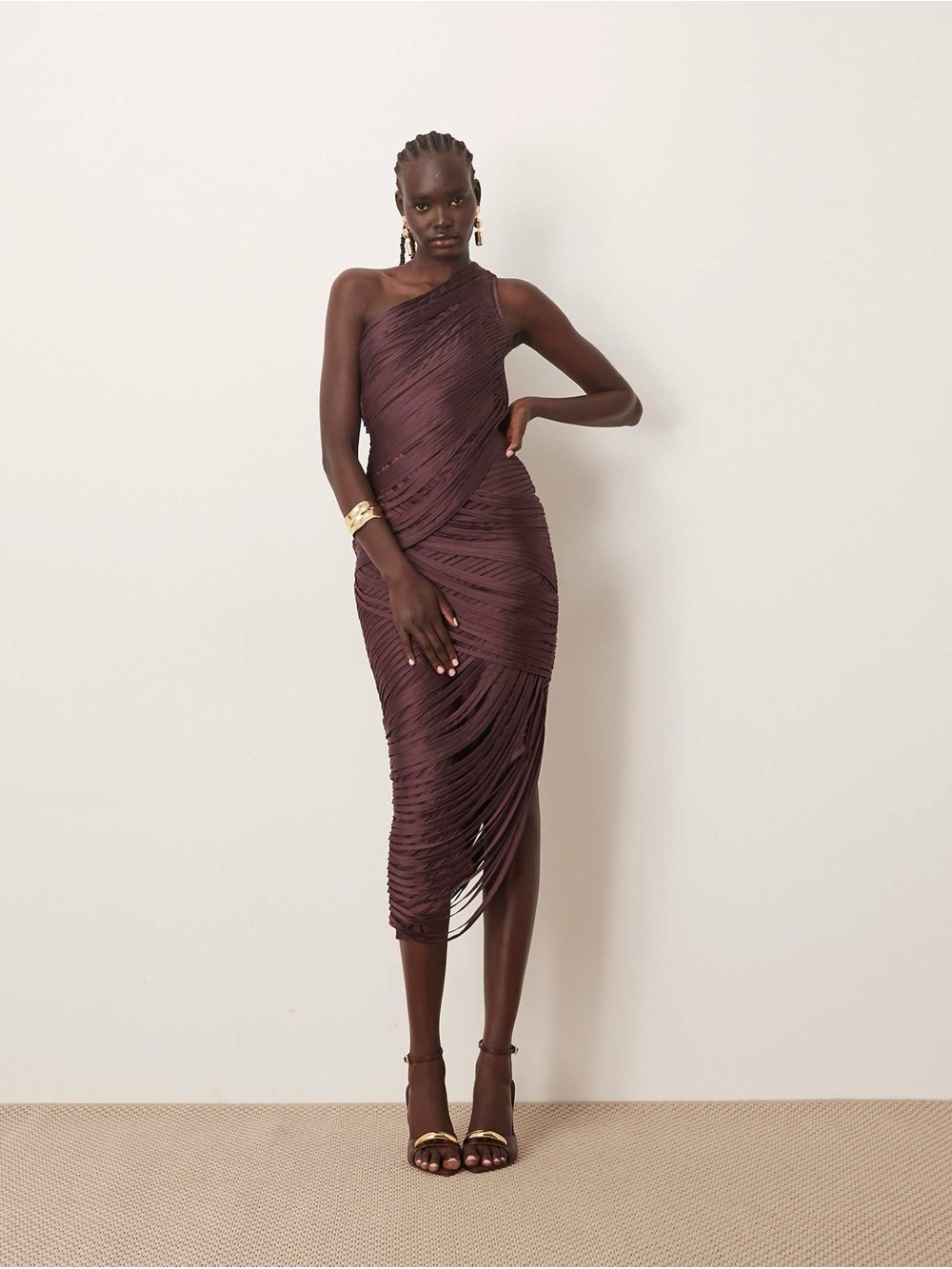 ARRANGE asymmetric draped fringe one shoulder midaxi dress in burgundy Size 0